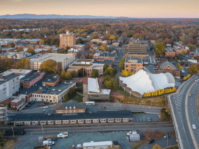 An aerial shot of downtown area during fall