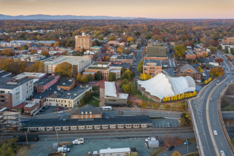 An aerial shot of downtown area during fall