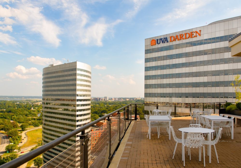 A balcony that has the view of Darden building