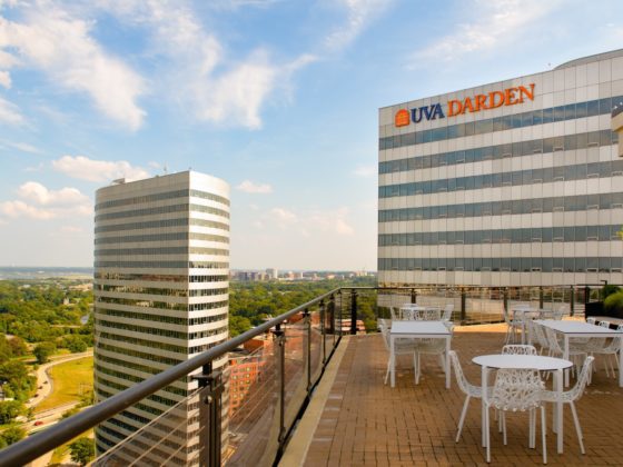 A balcony that has the view of Darden building